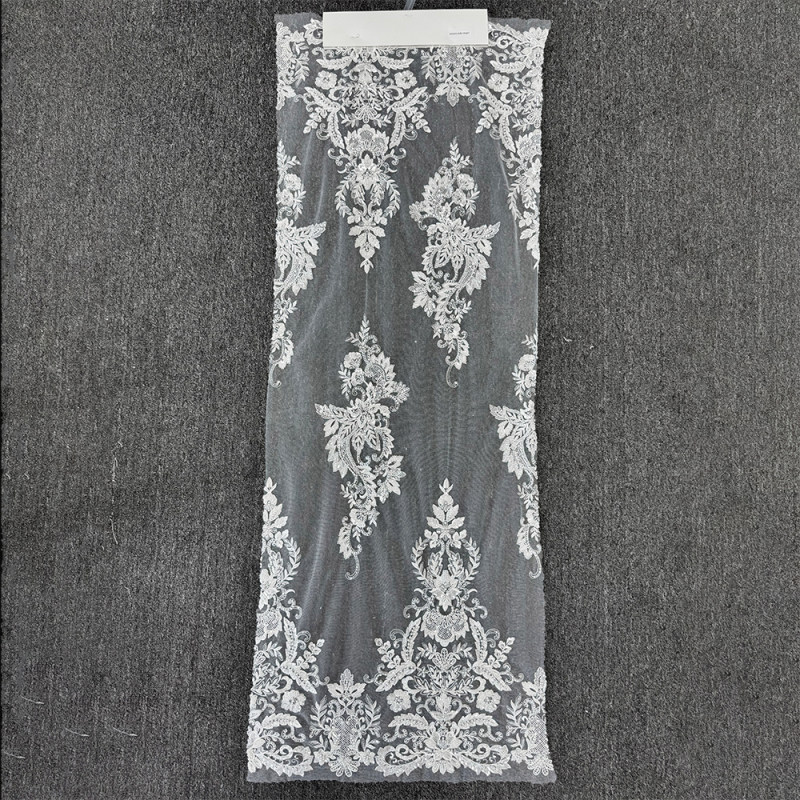 GCW-AUVB120407 | Beaded Damask Symmetrical Tulle Lace | Royal Border Bridal Fabric